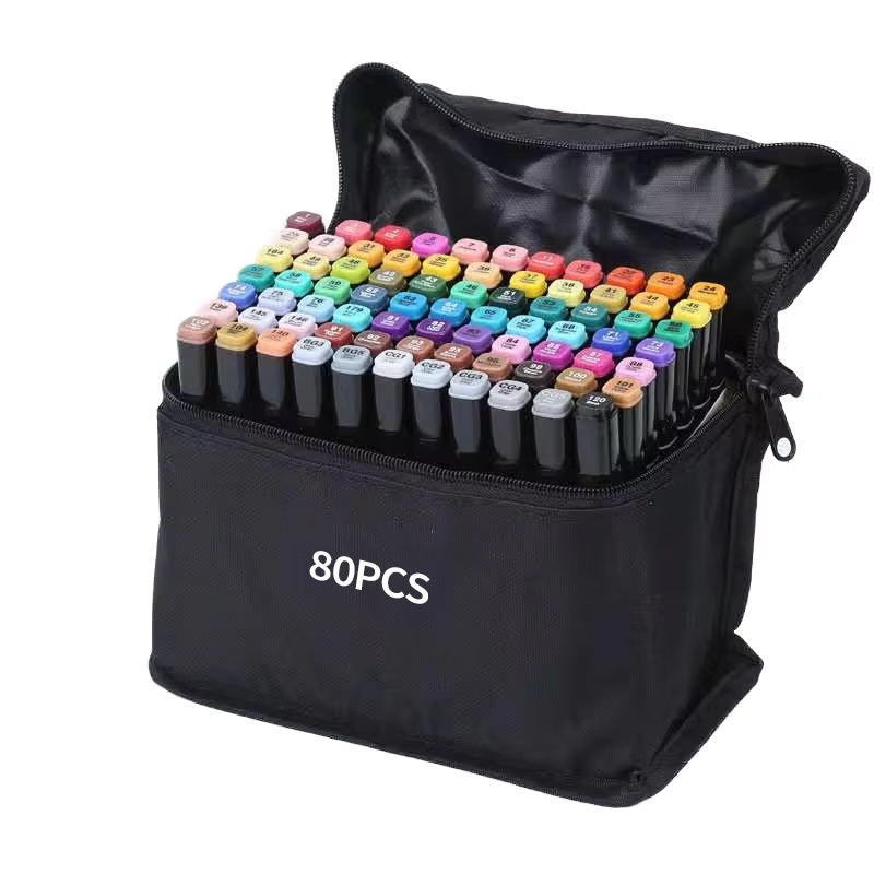 Set Pennarelli Professionali a Base Alcolica 80 Colori – Doppia Punta, Colori Intensi, Astuccio Incluso per Disegno, Illustrazione e Coloring