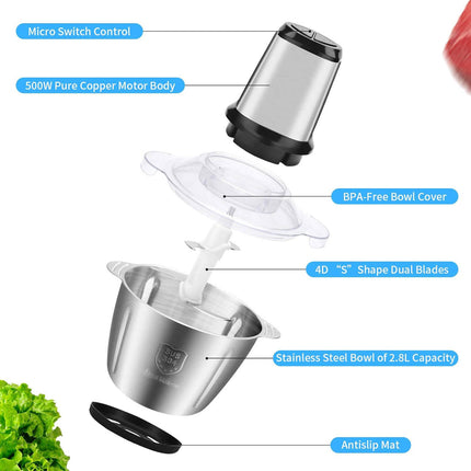 Tritatutto Cucina Elettrico da 3 Litri con Motore Potente e Ciotola in Acciaio SUS 304 per Carne Verdure e Ortaggi