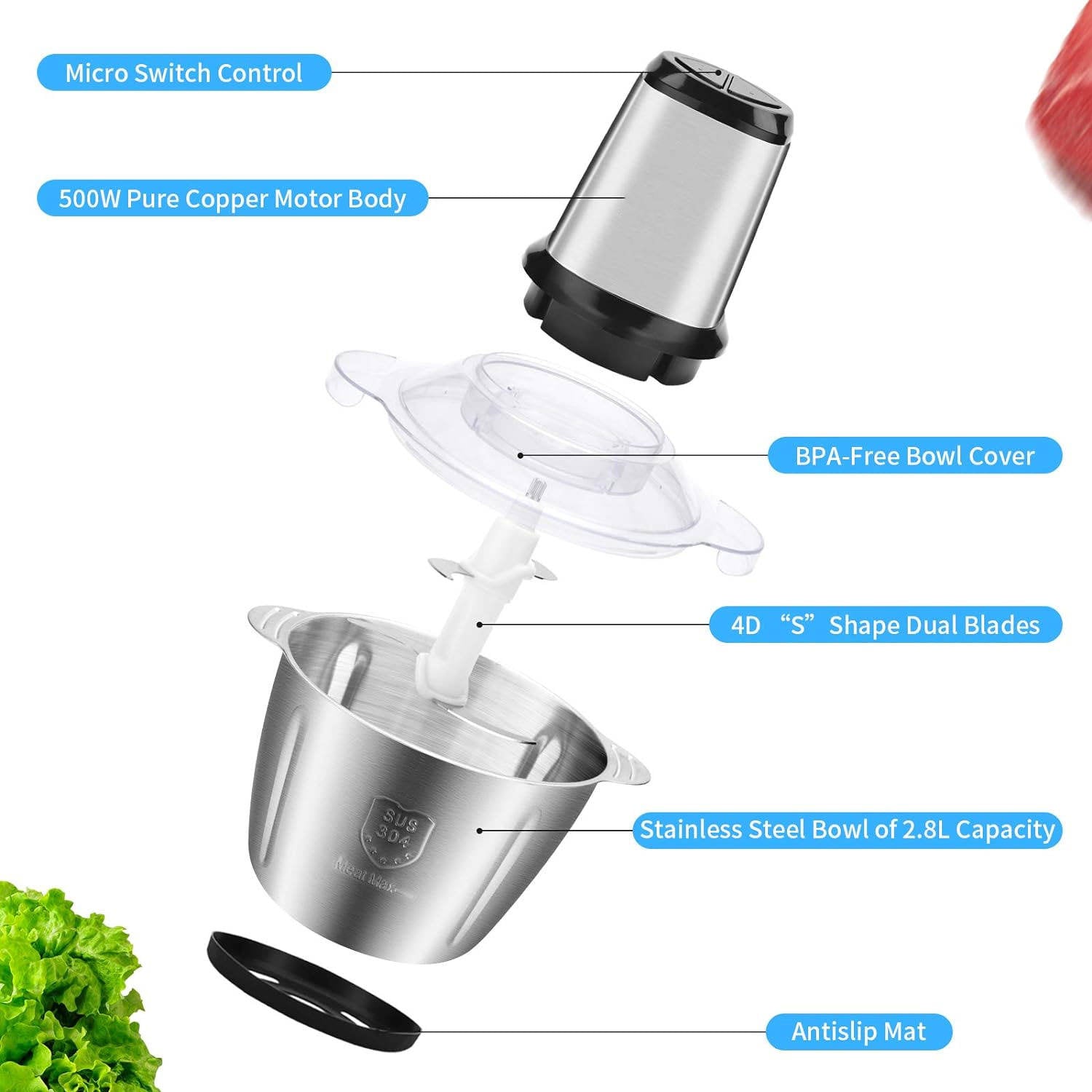 Tritatutto Cucina Elettrico da 3 Litri con Motore Potente e Ciotola in Acciaio SUS 304 per Carne Verdure e Ortaggi