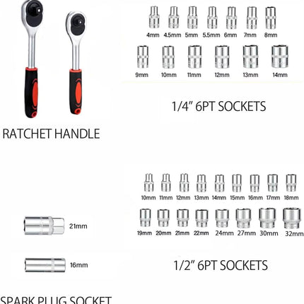 Set Chiavi a Bussola 108 PEZZI Professionale con Cricchetto – Valigetta Completa con Bussole, Inserti e Prolunghe – Acciaio Cromato Vanadio