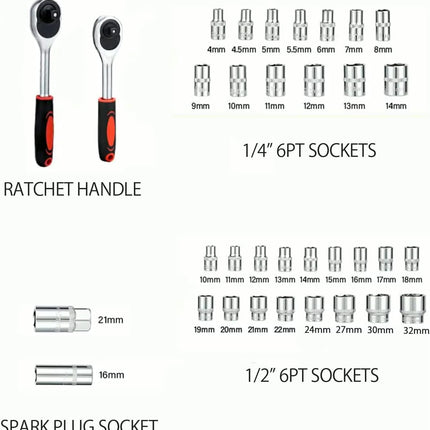 Set Chiavi a Bussola 108 PEZZI Professionale con Cricchetto – Valigetta Completa con Bussole, Inserti e Prolunghe – Acciaio Cromato Vanadio