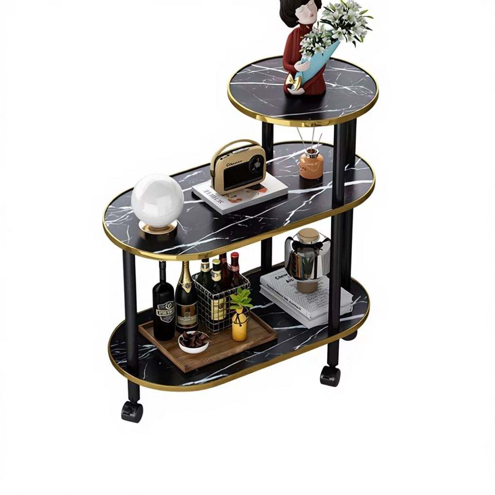 Tavolino da Caffè Moderno a 3 Ripiani con Ruote – Design Effetto Marmo con Struttura in Metallo Dorato, Ideale per Salotto e Soggiorno
