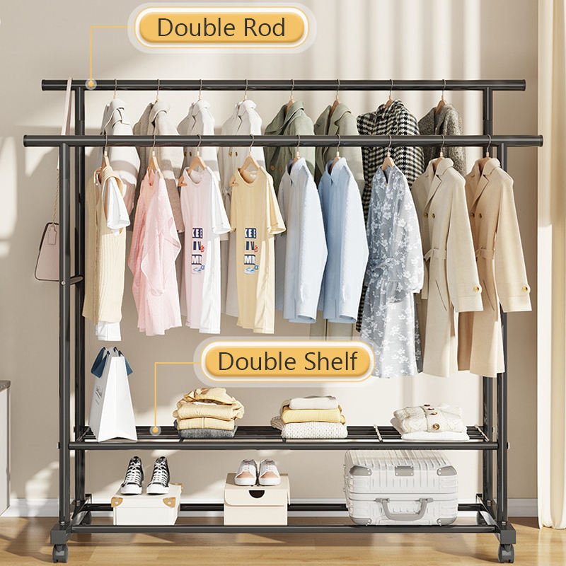 Appendiabiti con Ruote 42x76x150 cm – Stand Porta Abiti con Doppia Barra, Ripiani Inferiori e Struttura in Metallo per Camera, Ingresso e Cabina Armadio