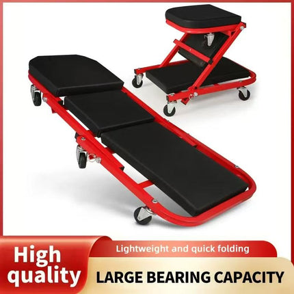 Carrello Meccanico 2 in 1 Pieghevole con Ruote – Lettino Sottoscocca e Sedile Officina, Struttura in Acciaio, Altezza Regolabile, Portata Elevata, Ideale per Auto, Garage e Riparazioni