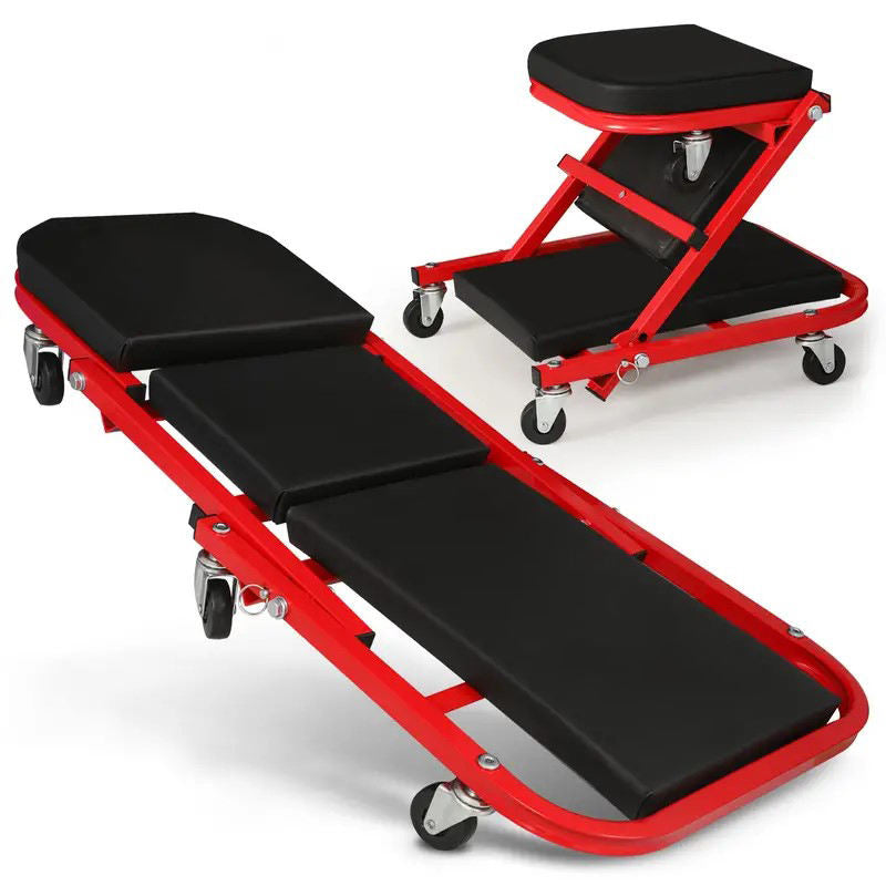 Carrello Meccanico 2 in 1 Pieghevole con Ruote – Lettino Sottoscocca e Sedile Officina, Struttura in Acciaio, Altezza Regolabile, Portata Elevata, Ideale per Auto, Garage e Riparazioni