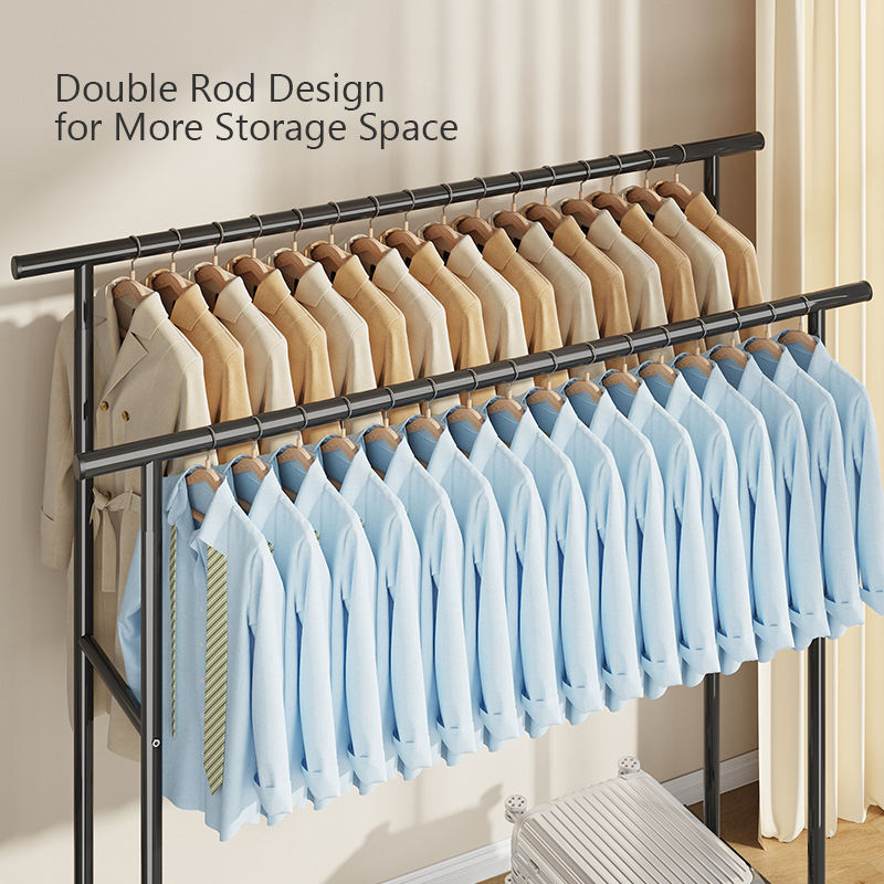 Appendiabiti con Ruote 42x76x150 cm – Stand Porta Abiti con Doppia Barra, Ripiani Inferiori e Struttura in Metallo per Camera, Ingresso e Cabina Armadio