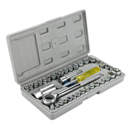 Set Chiavi a Bussola 40 Pezzi – Kit Chiavi Metriche e SAE con Prolunghe e Inserti, Valigetta Compatta per Auto, Moto e Fai da Te