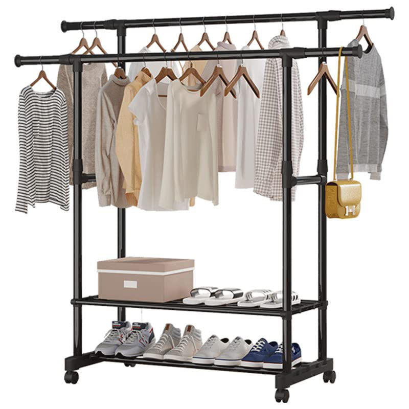 Appendiabiti con Ruote 42x76x150 cm – Stand Porta Abiti con Doppia Barra, Ripiani Inferiori e Struttura in Metallo per Camera, Ingresso e Cabina Armadio