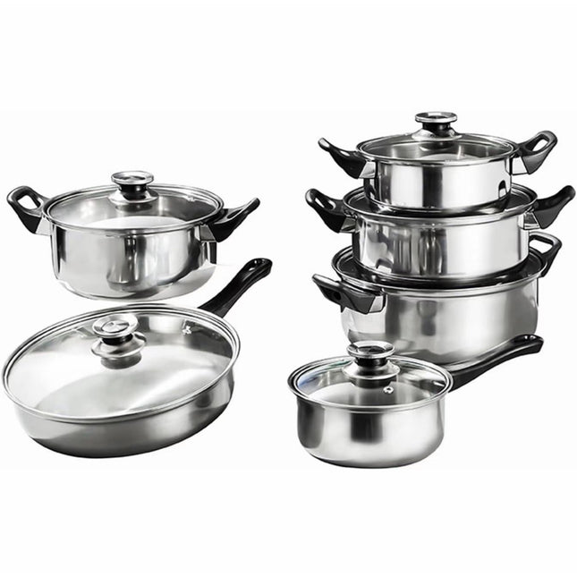 Set Pentole 12 Pezzi in Acciaio Inox per Induzione – Coperchi in Vetro con Valvola – Batteria da Cucina Completa 16/18/20/22/24 cm + Padella