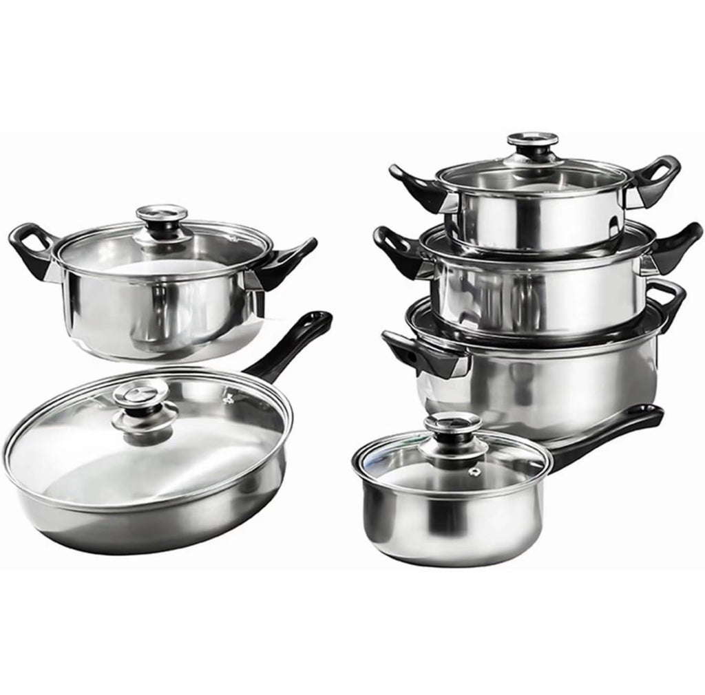 Set Pentole 12 Pezzi in Acciaio Inox per Induzione – Coperchi in Vetro con Valvola – Batteria da Cucina Completa 16/18/20/22/24 cm + Padella