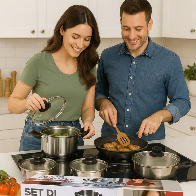 Set Pentole 12 Pezzi in Acciaio Inox per Induzione – Coperchi in Vetro con Valvola – Batteria da Cucina Completa 16/18/20/22/24 cm + Padella