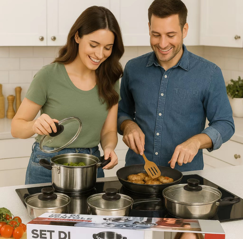 Set Pentole 12 Pezzi in Acciaio Inox per Induzione – Coperchi in Vetro con Valvola – Batteria da Cucina Completa 16/18/20/22/24 cm + Padella