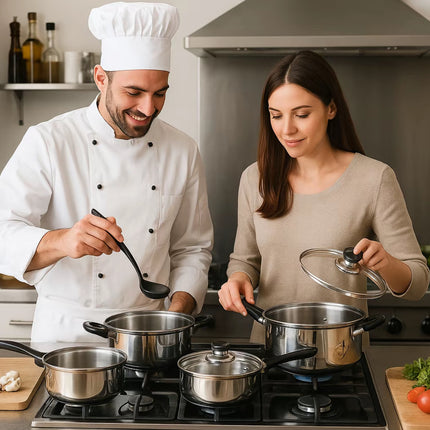 Set Pentole 12 Pezzi in Acciaio Inox per Induzione – Coperchi in Vetro con Valvola – Batteria da Cucina Completa 16/18/20/22/24 cm + Padella
