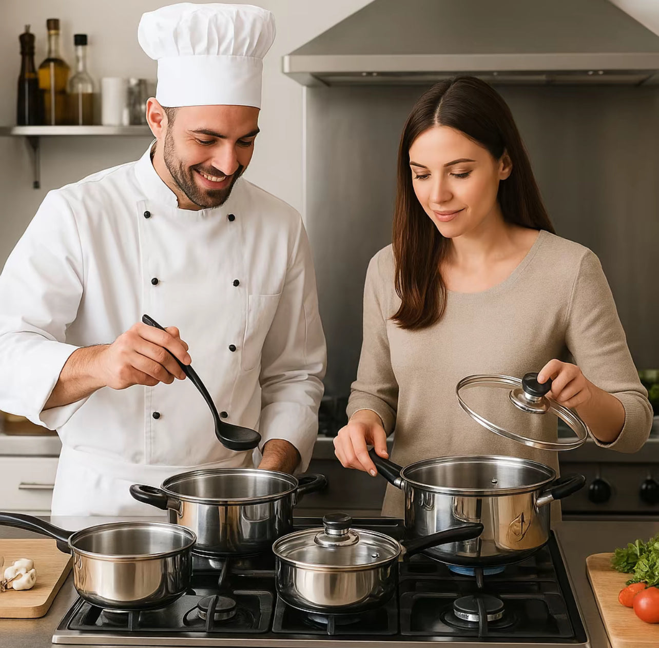 Set Pentole 12 Pezzi in Acciaio Inox per Induzione – Coperchi in Vetro con Valvola – Batteria da Cucina Completa 16/18/20/22/24 cm + Padella