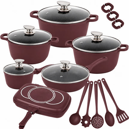 Set di Pentole 22 Pezzi Antiaderenti con Bistecchiera Batteria di Pentole e Padelle con Coperchi in Vetro, Manici Removibili, Mestoli e Accessori in Silicone Per Tutti i Piani di Cottura, Induzione