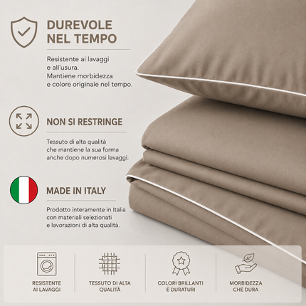 Completo Lenzuola Matrimoniali 100% Cotone Made in Italy – Set Letto Elegante con Profilo Decorativo, Stile Moderno e Fantasia Tinta Unita Disponibile in Diverse Raffinate Colorazioni