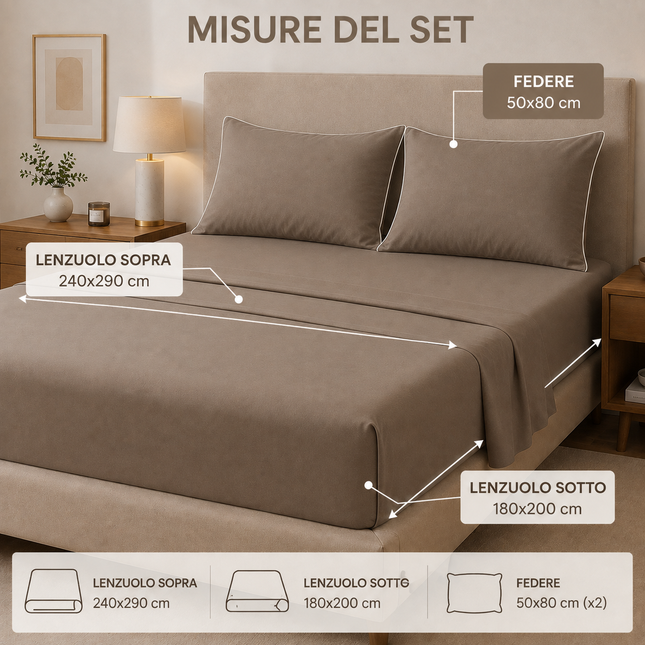 Completo Lenzuola Matrimoniali 100% Cotone Made in Italy – Set Letto Elegante con Profilo Decorativo, Stile Moderno e Fantasia Tinta Unita Disponibile in Diverse Raffinate Colorazioni