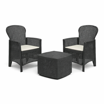 Set da Giardino 3 Pezzi in Polyrattan con 2 Sedie e Tavolino – Salottino da Esterno con Cuscini Sfoderabili – Sedie 59x57x85 cm – Tavolo 59x46x40 cm – Mobili da Terrazzo, Balcone, Patio