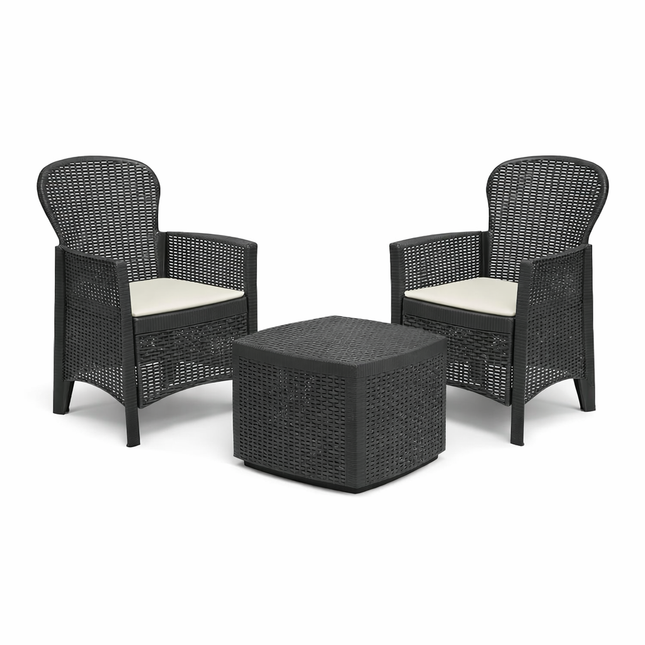 Set da Giardino 3 Pezzi in Polyrattan con 2 Sedie e Tavolino – Salottino da Esterno con Cuscini Sfoderabili – Sedie 59x57x85 cm – Tavolo 59x46x40 cm – Mobili da Terrazzo, Balcone, Patio