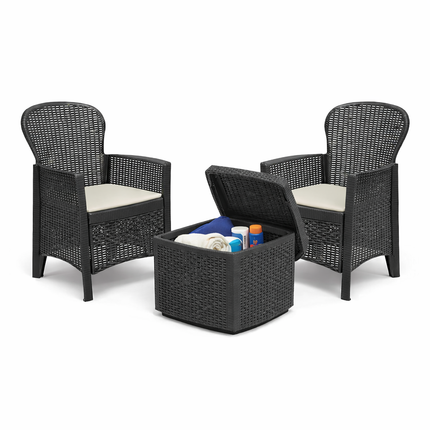 Set da Giardino 3 Pezzi in Polyrattan con 2 Sedie e Tavolino – Salottino da Esterno con Cuscini Sfoderabili – Sedie 59x57x85 cm – Tavolo 59x46x40 cm – Mobili da Terrazzo, Balcone, Patio