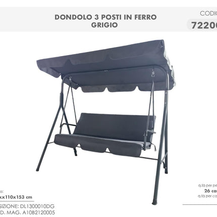 Dondolo da Giardino 3 Posti in Ferro con Tettuccio Parasole e Cuscini – Panchina a Dondolo per Esterno, Terrazzo e Balcone