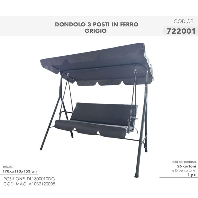 Dondolo da Giardino 3 Posti in Ferro con Tettuccio Parasole e Cuscini – Panchina a Dondolo per Esterno, Terrazzo e Balcone