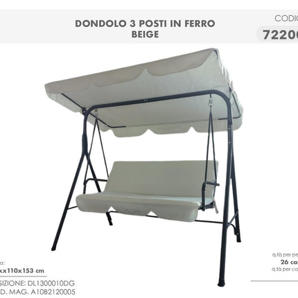 Dondolo da Giardino 3 Posti in Ferro con Tettuccio Parasole e Cuscini – Panchina a Dondolo per Esterno, Terrazzo e Balcone