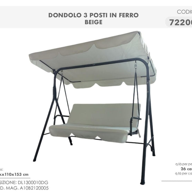 Dondolo da Giardino 3 Posti in Ferro con Tettuccio Parasole e Cuscini – Panchina a Dondolo per Esterno, Terrazzo e Balcone
