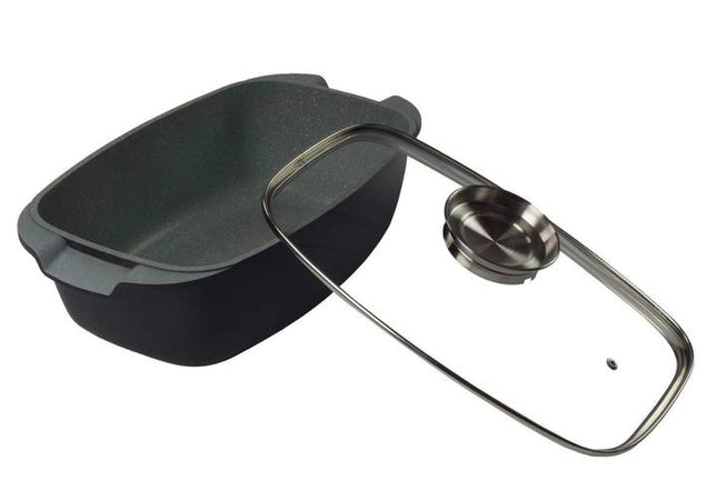 Rostiera con Coperchio in Vetro Antiaderente – Teglia da Forno con Rivestimento Effetto Pietra, Casseruola Rettangolare per Arrosti, Pollo, Carne e Verdure – Adatta a Forno e Piano Cottura