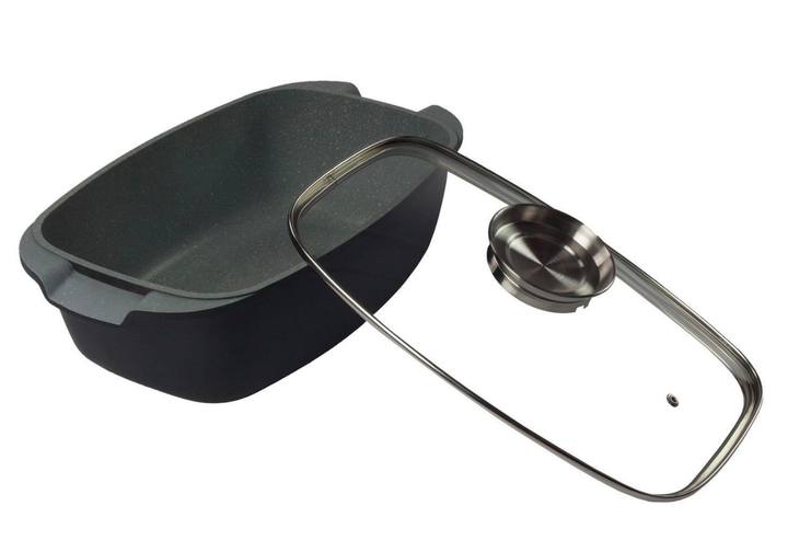 Rostiera con Coperchio in Vetro Antiaderente – Teglia da Forno con Rivestimento Effetto Pietra, Casseruola Rettangolare per Arrosti, Pollo, Carne e Verdure – Adatta a Forno e Piano Cottura