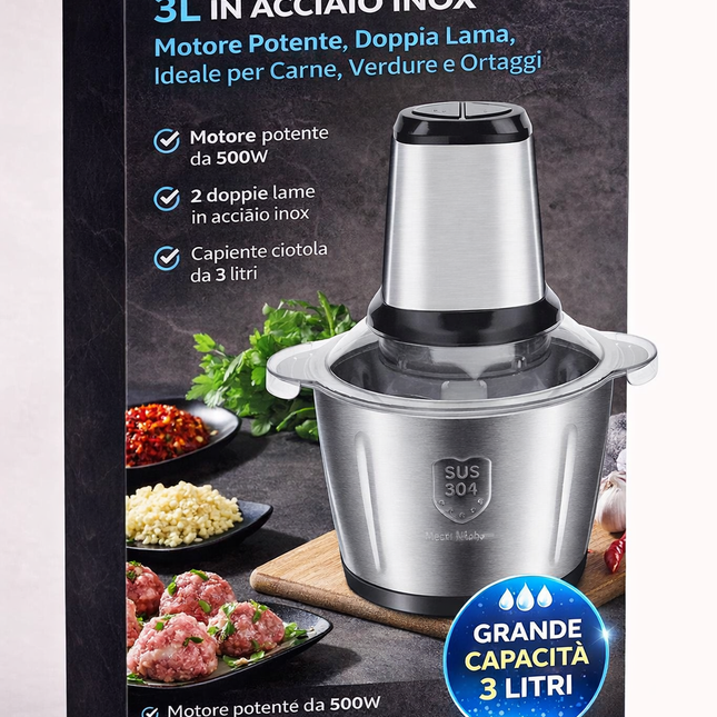 Tritatutto Cucina Elettrico da 3 Litri con Motore Potente e Ciotola in Acciaio SUS 304 per Carne Verdure e Ortaggi