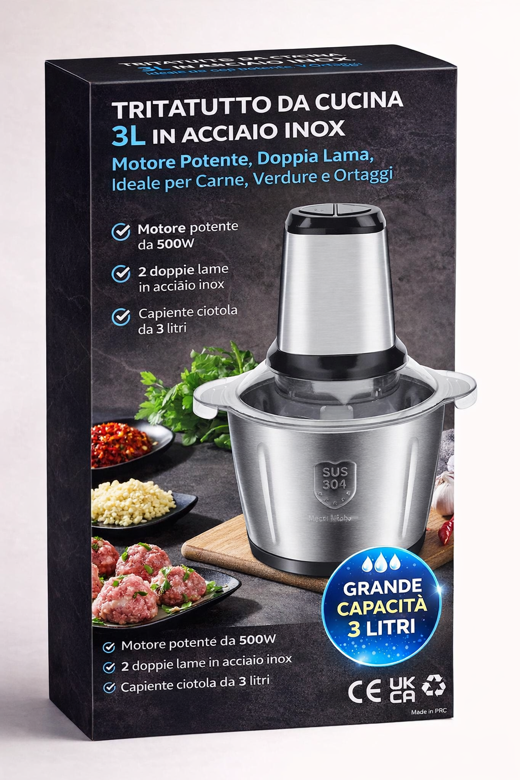Tritatutto Cucina Elettrico da 3 Litri con Motore Potente e Ciotola in Acciaio SUS 304 per Carne Verdure e Ortaggi