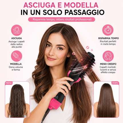 Spazzola Asciugacapelli 3 in 1, Asciuga, Liscia e Volumizza i capelli