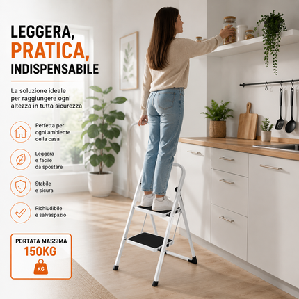 Scala Scaletta Pieghevole Quadrata Salvaspazio con Gradini Antiscivolo e Maniglione di Sicurezza Sgabello Struttura in Acciaio e Rivestimento in Gomma Portata massima 150kg