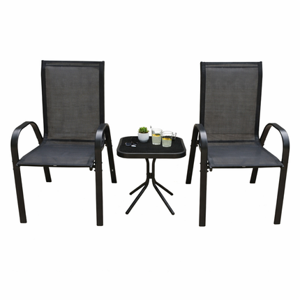 Set da Giardino 3 Pezzi Positano – 2 Sedie con Braccioli + Tavolino con Piano in Vetro Temperato – Struttura in Acciaio, Colore Grigio, Ideale per Balcone e Terrazzo