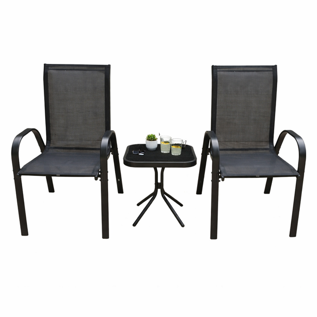 Set da Giardino 3 Pezzi Positano – 2 Sedie con Braccioli + Tavolino con Piano in Vetro Temperato – Struttura in Acciaio, Colore Grigio, Ideale per Balcone e Terrazzo