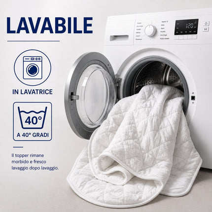 Topper matrimoniale bianco con elastici coprimaterasso comfort e traspirabile anti acaro imbottitura in fibra innovativa
