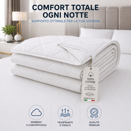 Topper matrimoniale bianco con elastici coprimaterasso comfort e traspirabile anti acaro imbottitura in fibra innovativa