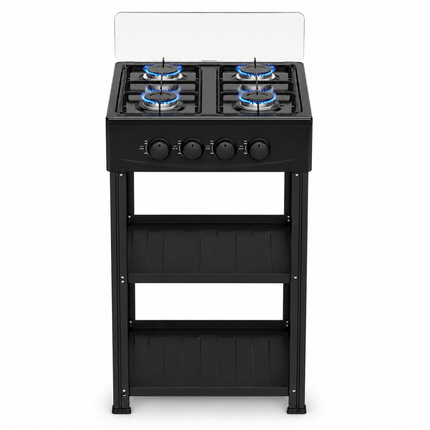 Fornello a Gas 4 Fuochi con Supporto e Ripiani – Cucina a Gas Freestanding in Acciaio, Piano Cottura con 4 Bruciatori, Design Salvaspazio per Interni ed Esterni