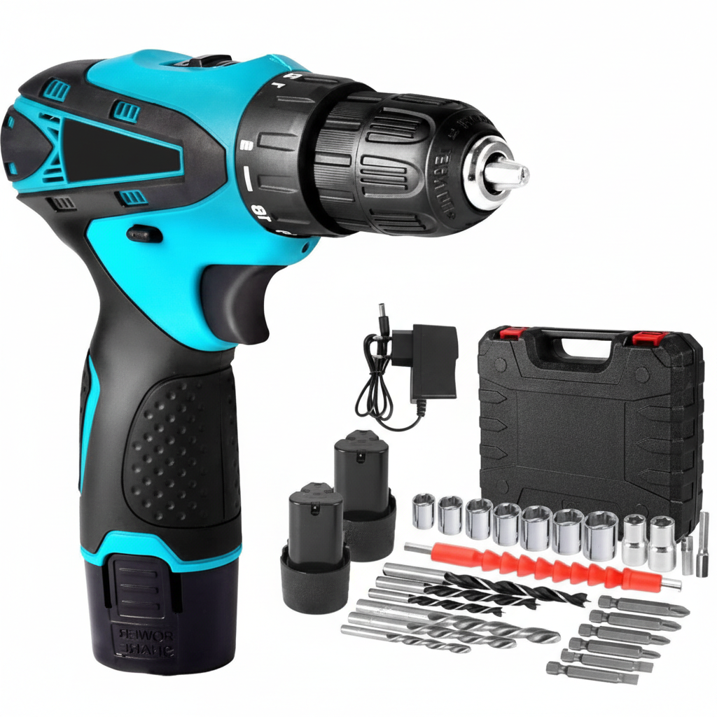 Avvitatore Trapano a Batteria 12V Ricaricabile con 2 Batterie, Mandrino Autoserrante 10 mm, Set Accessori e Valigetta – Ideale per Fai da Te e Casa