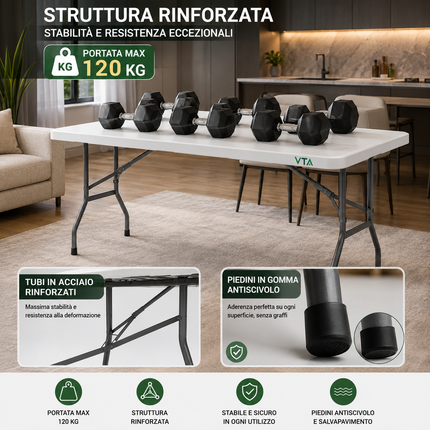 Tavolo Pieghevole Portatile salvaspazio | Tavolo richiudibile | Tavolo da campeggio con Sistema di Blocco di Sicurezza, Fino a 6 Persone - 180x75x74 cm (Bianco)