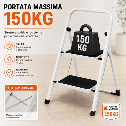 Scala Scaletta Pieghevole Quadrata Salvaspazio con Gradini Antiscivolo e Maniglione di Sicurezza Sgabello Struttura in Acciaio e Rivestimento in Gomma Portata massima 150kg