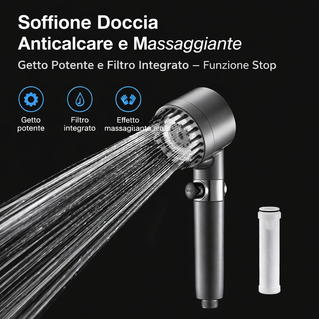 Soffione Doccia Anticalcare ad Alta Pressione con Filtro – Effetto Massaggio SPA, Risparmio Acqua