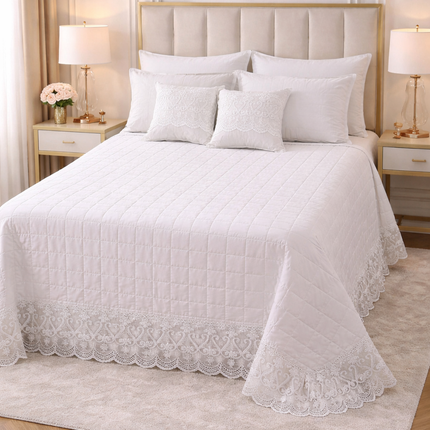 Trapuntino Copriletto Matrimoniale Trapuntato con Balza in Pizzo Ricamato, Copriletto Elegante Tinta Unita con Cuscini Coordinati, Coperta Letto Decorativa per Camera da Letto – Stile Classico