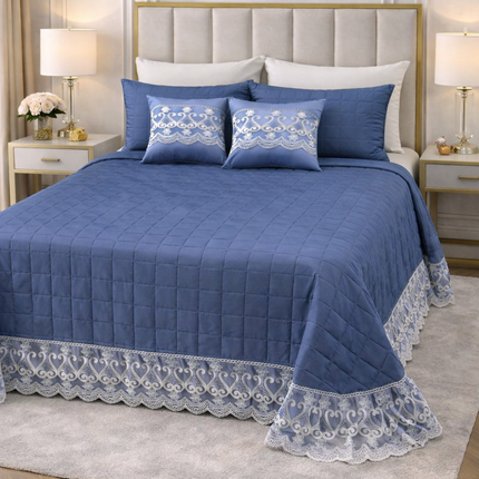 Trapuntino Copriletto Matrimoniale Trapuntato con Balza in Pizzo Ricamato, Copriletto Elegante Tinta Unita con Cuscini Coordinati, Coperta Letto Decorativa per Camera da Letto – Stile Classico