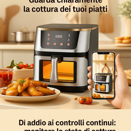 Friggitrice ad Aria 10L Extra Large con Cestello in Vetro – 1400W, Display Touch Digitale, Programmi Preimpostati e Personalizzabili, Cottura Sana Senza Olio, Rivestimento Antiaderente 220-240V 50Hz