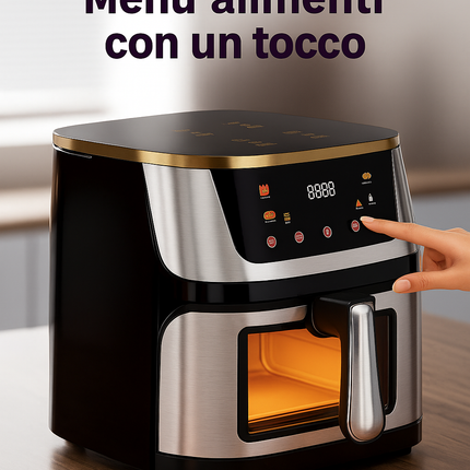 Friggitrice ad Aria 10L Extra Large con Cestello in Vetro – 1400W, Display Touch Digitale, Programmi Preimpostati e Personalizzabili, Cottura Sana Senza Olio, Rivestimento Antiaderente 220-240V 50Hz