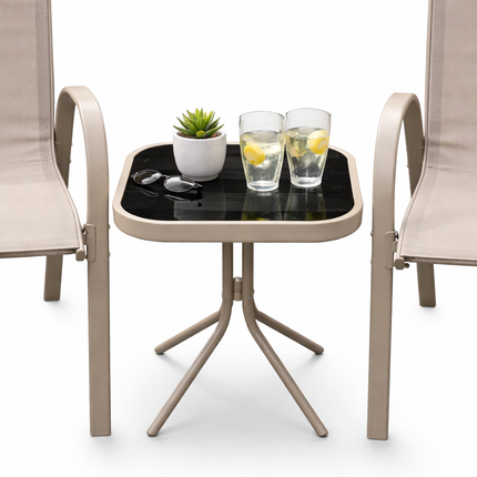 Set da Giardino 3 Pezzi Positano – 2 Sedie con Braccioli + Tavolino con Piano in Vetro Temperato – Struttura in Acciaio, Colore Grigio, Ideale per Balcone e Terrazzo