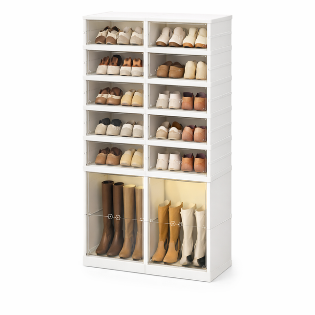 Scarpiera Modulare 6 Ripiani Impilabile con Ante Trasparenti – Mobile Porta Scarpe Salvaspazio con 1 Vano per Tacchi e Stivali, Organizzatore Antipolvere in Plastica, Montaggio Facile Senza Attrezzi