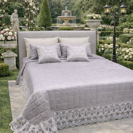 Trapuntino Copriletto Matrimoniale Trapuntato con Balza in Pizzo Ricamato, Copriletto Elegante Tinta Unita con Cuscini Coordinati, Coperta Letto Decorativa per Camera da Letto – Stile Classico